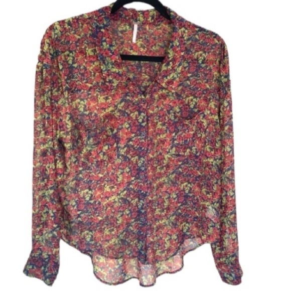 Free People shirt roll tan sleeve button down slight hi low semi sheer floral XS - Picture 1 of 5